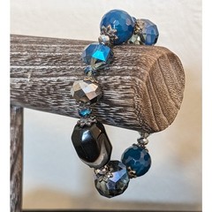 Blue Agate Faceted, Smoky Crystal and Oblong Stone Beaded Stretch Bracelet
