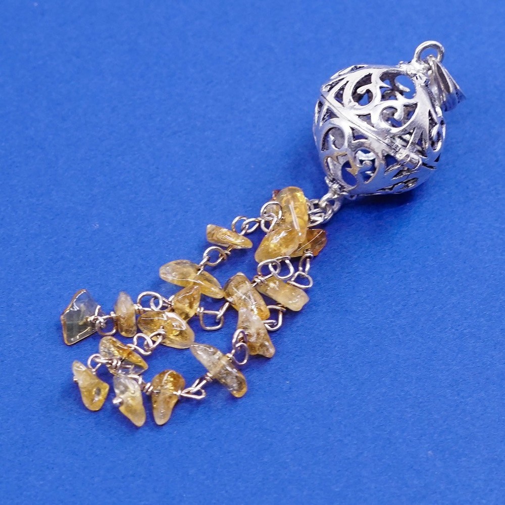 Sterling silver ball prayer pendant 925 filigree locket charm w/ citrine fringe