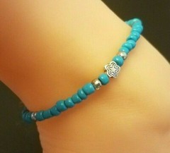 Turquoise Blue Glass Seed Beads Silver Starfish Charm Ankle Bracelet 9″ or 10″
