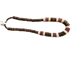 VINTAGE NATURAL DARK WOOD FLAT DISC BEAD NECKLACE PURPLE & LIGHT ACCENTS 18” NWT