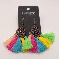 Handmade Rainbow Fringe Boho Embellished Circle Top Earrings Hook 3″ NEW