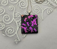 Handcrafted Dragonflies Pink/Black Fused Dichroic Glass Necklace/Silver plated