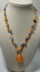 Vintage Orange Cat’s Eye Stone Y-Drop Necklace Millefiori Glass Chips 17″ Boho