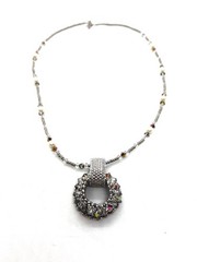 1980s Handcrafted Necklace Silver Seed Beads, Pearls & Crystal Circular Pendant