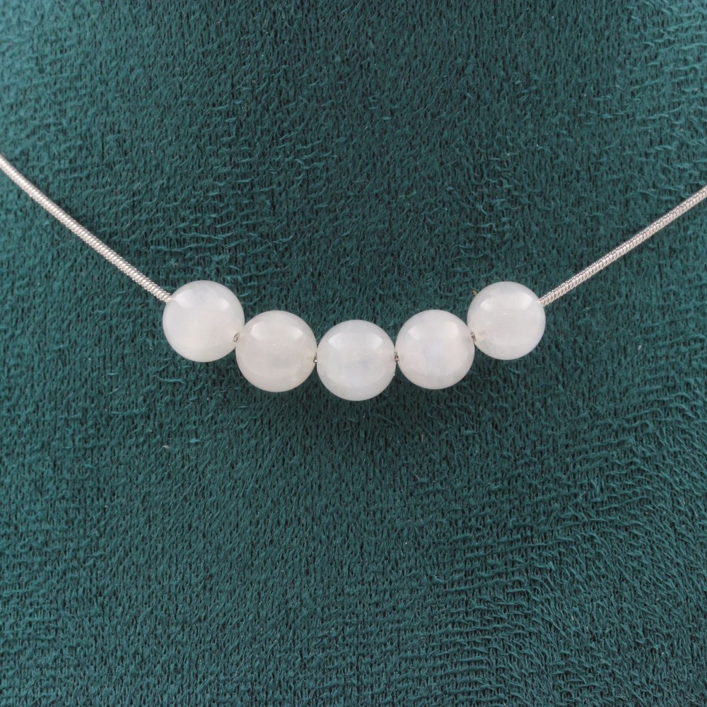 Necklace 5 Moonstone Pearls From Sri Lanka 8 Mm Steel Chain Women’s Necklace
