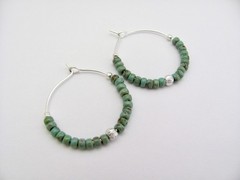 Turquoise Glass Hoop Earrings Silver Plated Beaded Boho Urban Earrings