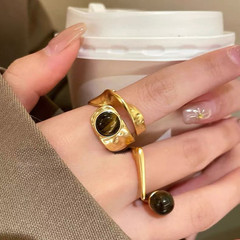 Stackable Adjustable For TIGER Eye Stone Ring Women Vintage Minimalist Design