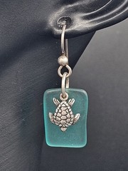 Sterling Silver Sea Glass Turtle Dangle Earrings Aqua Beach Glass Ocean Coastal