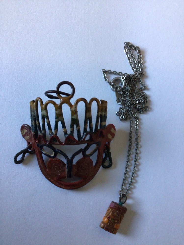 Vintage Aztec Motif 2 Pendants Enamel & Wood 1 w/Chain Boho