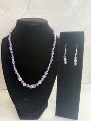 Purple and clear beaded necklace and earrings handmade