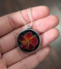 Cloisonne Enamel Sterling Silver Hawaii Hibiscus Flower Signed Pendant Necklace