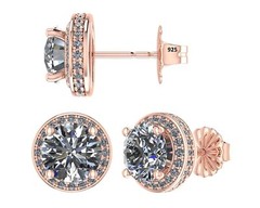 Rose Gold Plated Sterling Silver Round Halo Stud Earrings With 1.35 TCW Zirconia