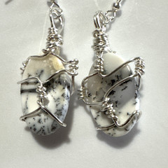 Dendritic Agate Handmade Earrings Bling Silver Tone Genuine Stone White Gray