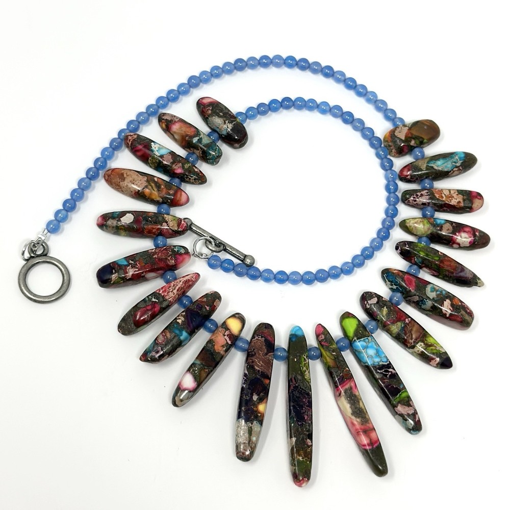 Multi-Color Sea Sediment Imperial Jasper Beaded Fringe Bib Chalcedony Necklace