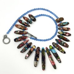 Multi-Color Sea Sediment Imperial Jasper Beaded Fringe Bib Chalcedony Necklace