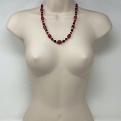 Handmade Beaded Necklace Tones of Red and Gold Glass Beads and Silver Tone Metal