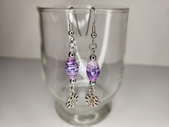 Handcrafted Beaded Earrings, Handmade Paper Beads. Purple White and Silver