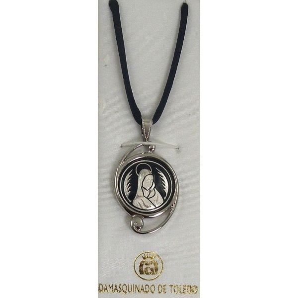Damascene Silver Virgin Mary Round Pendant Necklace by Midas of Toledo Spain