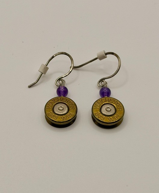 Handmade Sterling Silver .243 Winchester Bullet Casing Earrings Purple Accent
