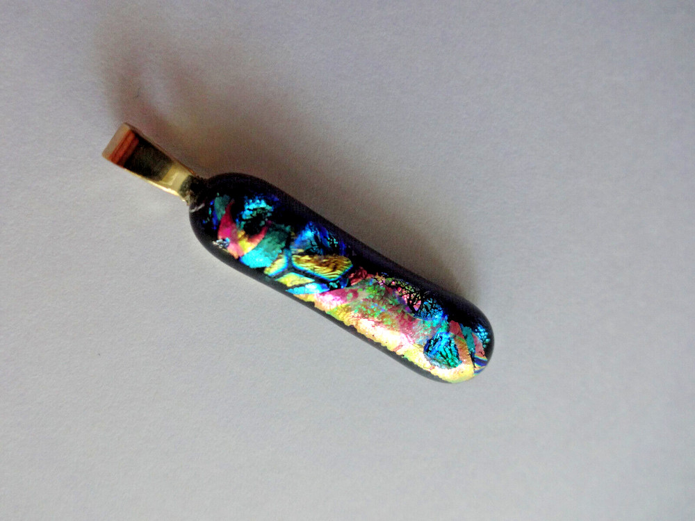 COLORFUL FUSED DICHROIC GLASS PENDANT 1.25 x .25 in PINK BLUE GREEN PURPLE GOLD