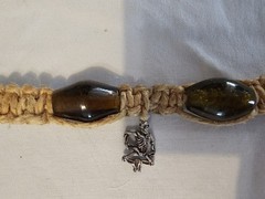Vintage Handmade Hemp Necklace/Choker W Glass Beads And Metal Skeleton Charm 14″