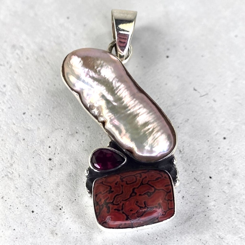 Vintage Artisan Natural Baroque Pearl Multi Gemstone Sterling Silver Pendant