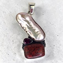 Vintage Artisan Natural Baroque Pearl Multi Gemstone Sterling Silver Pendant