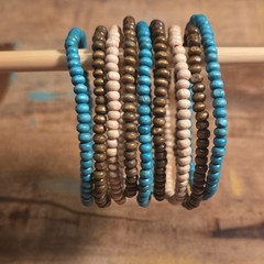 Beaded Wood Bracelets Set Stackable Blue Brown Cream Tie Closure Bohemian
