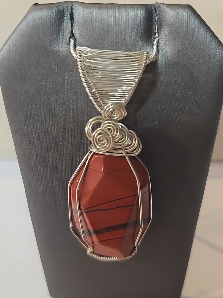 Red Jasper Agate Wire Wrapped Sterling Silver Pendant Necklace Unisex Adults