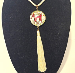 VTG White Cord Tassel Necklace W/ Red Elephant Flowers Round Cloisonne Pendant