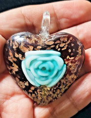 Turquoise Floral Blown Glass Heart Pendant with Gold Sparkles 2.25 in