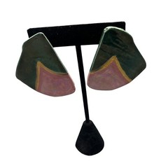 Vintage 80’s Green Pink gold Large Abstract Clay Earrings Handmade Statement