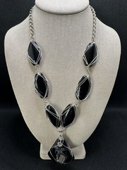 Wire Wrapped Black Onyx Stone Necklace Handmade OriginalDruzy Agate Jewelry 22in