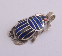 Vintage Egyptian scarab Silver Pendant,Revival,red coral,lapis Lazuli inlays