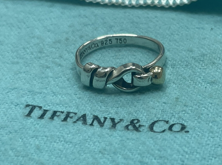 Authentic Tiffany & Co Sterling 18k Gold Ball & Hook Ring Size 5
