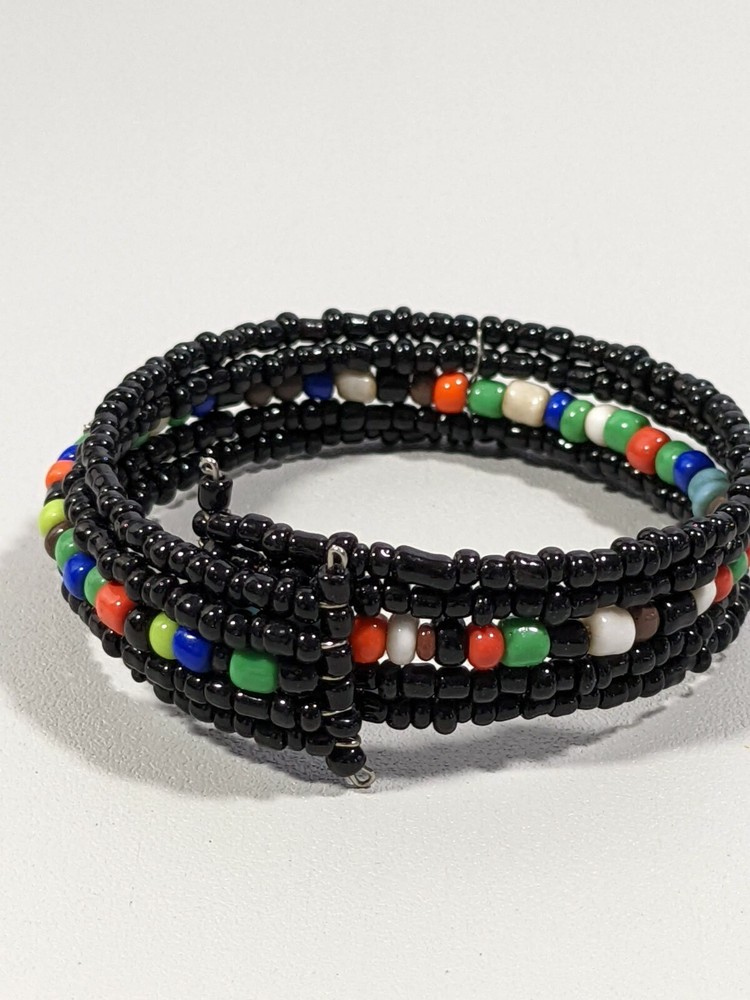 Artisan Colorful Black Bead Memory Wire Open Cuff Bracelet Tribal Style