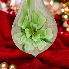 Glass Teardrop Pendant Handblown Green Floral Gold Flakes Art Fashion 2.5″ Inch