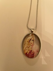 Retro Pink Marabou Barbie Silver Large Oval Pendant Snake Chain Necklace