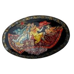 Brooch Signed Palekh Russian Lacquer Ivan Tsarevich Flying Carpet MA Vintage Art