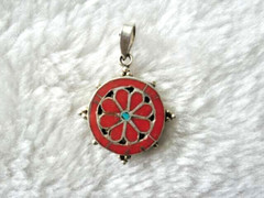 Tiny Handmade Tibetan Dharma Chakra Pendant Red Coral & Turquoise Flower Silver