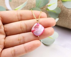 Natural Shell Pendant Necklace, Green Pink Blue Shell, Gold Chain Necklace
