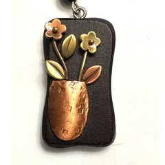 Handcrafted Metal Floral Charm Pendant – Copper Vase & Flowers on Black Pendant