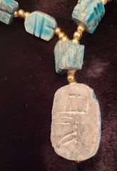 Vintage Handmade Egyptian Revival Blue Turquoise Ceramic Clay Scarab Necklace