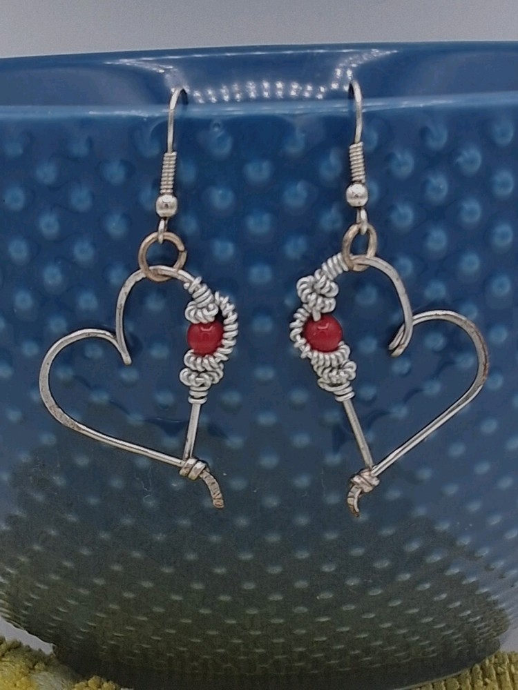 Handcrafted, dangle silver plated wire wrapped earring, red bead earrings wire