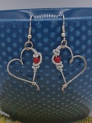 Handcrafted, dangle silver plated wire wrapped earring, red bead earrings wire
