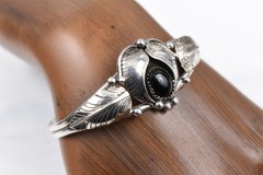 Sterling Silver Black Onyx Leaf Openwork Double Bar Bangle Bracelet