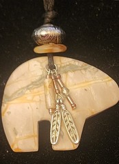 Artisan Carved Picasso Stone Bear Pendant With Silver Charm Feathers