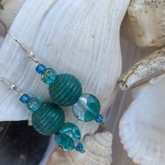 Boho style Teal Earrings Handcrafted Glass Wood Acrylic Sterling Silver