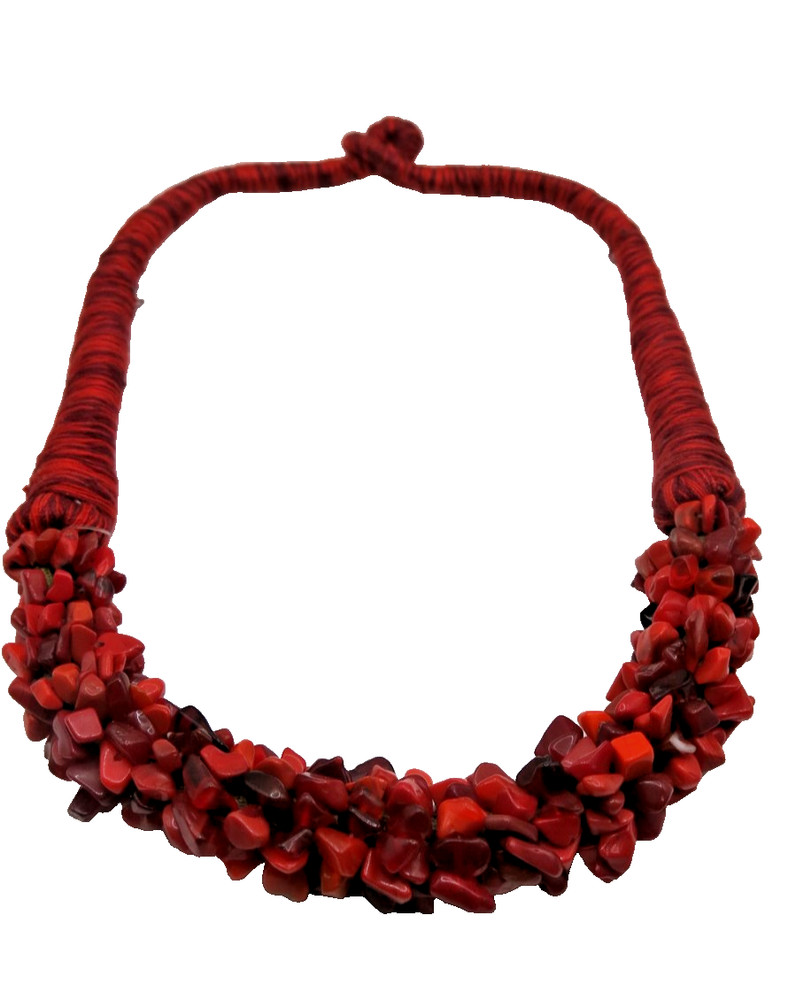 Bohemian Red Coral Chips Choker Necklace Chunky Statement Beaded Collar 40cm