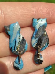 Handcrafted Polymer Clay Resin Gold Dangle Stud Earrings Blue Black White Cat